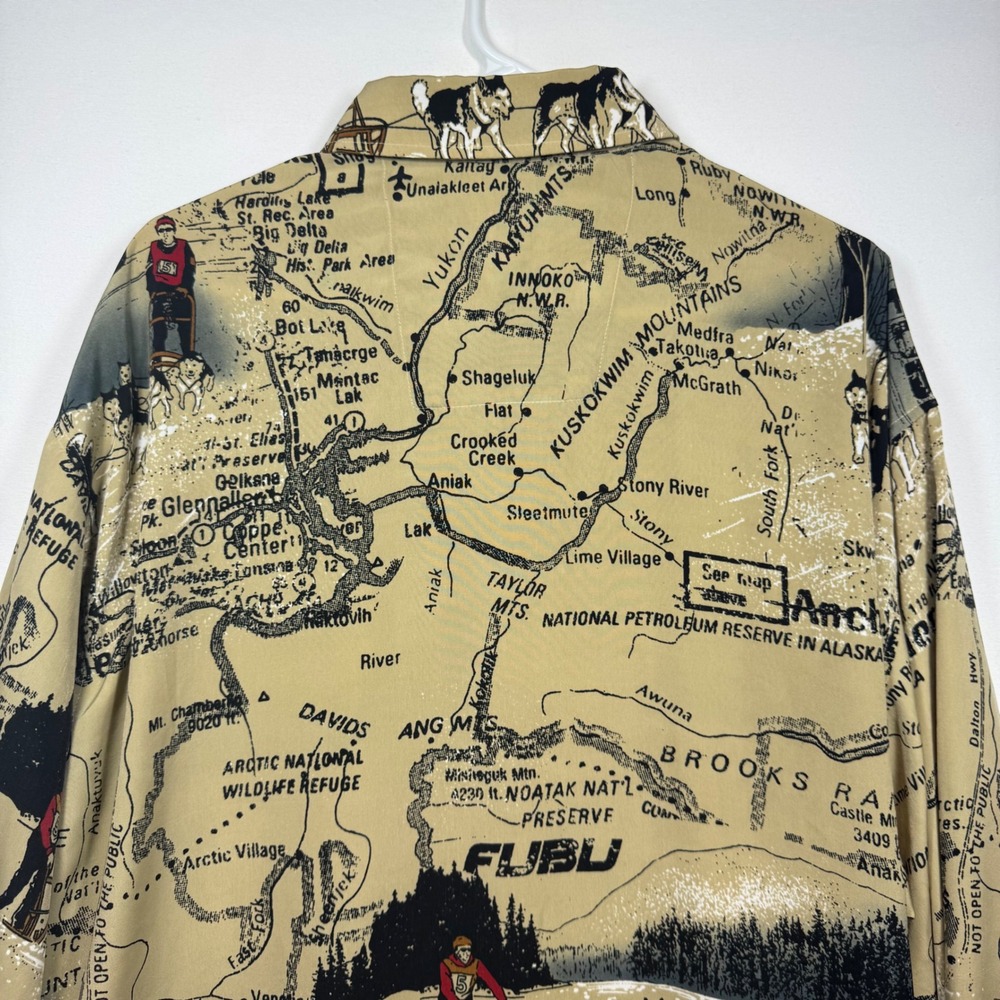 FUBU The Collection Mens XL Alaska Map Dog Sled Long Sleeve Shirt Y2K - Picture 7 of 9